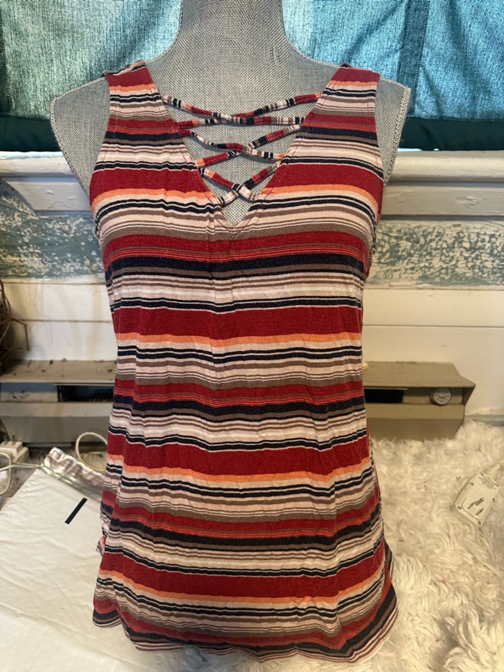 Maurices Red Multi Striped Crisscross Tank Top